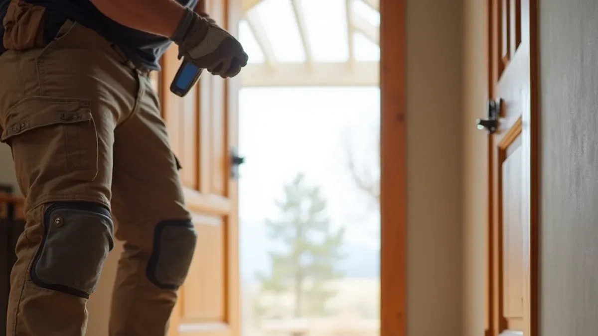 Entry mat and felt pads protecting a hardwood floor in an East Idaho home in winter