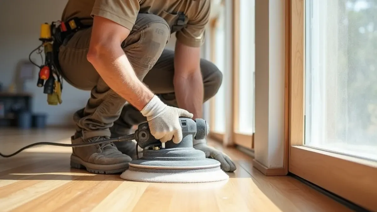 Screen-and-recoat buffing of a hardwood floor in an Idaho home