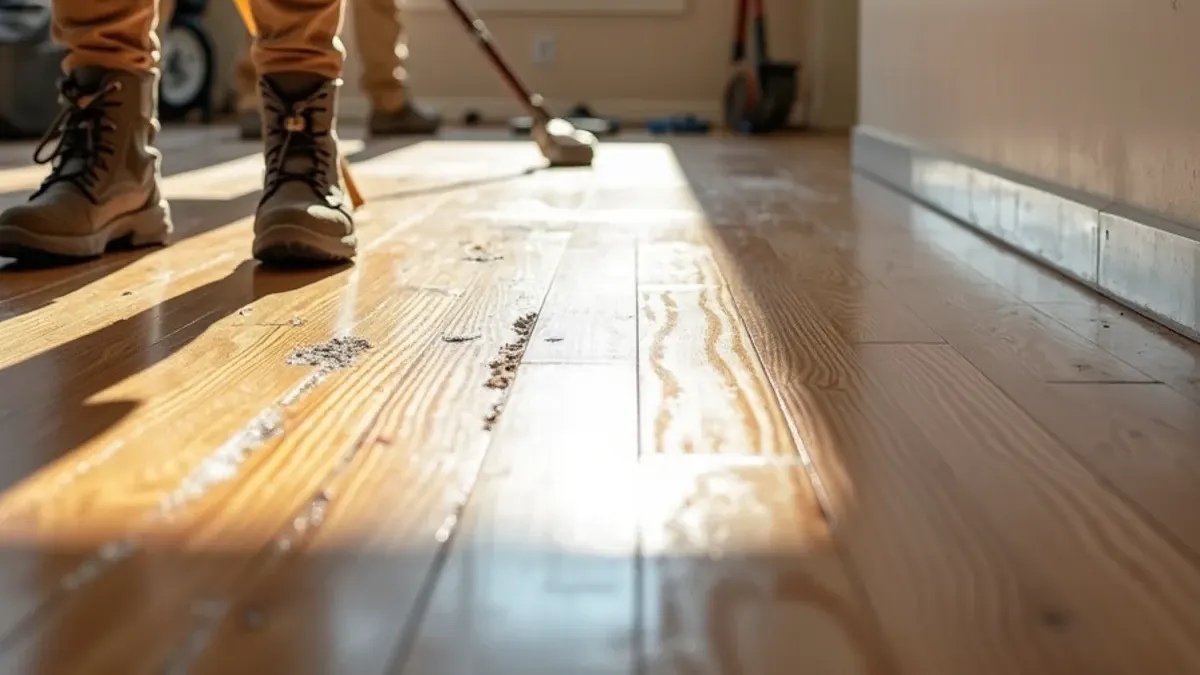 Insurance documentation photos of a water-damaged hardwood floor in Idaho