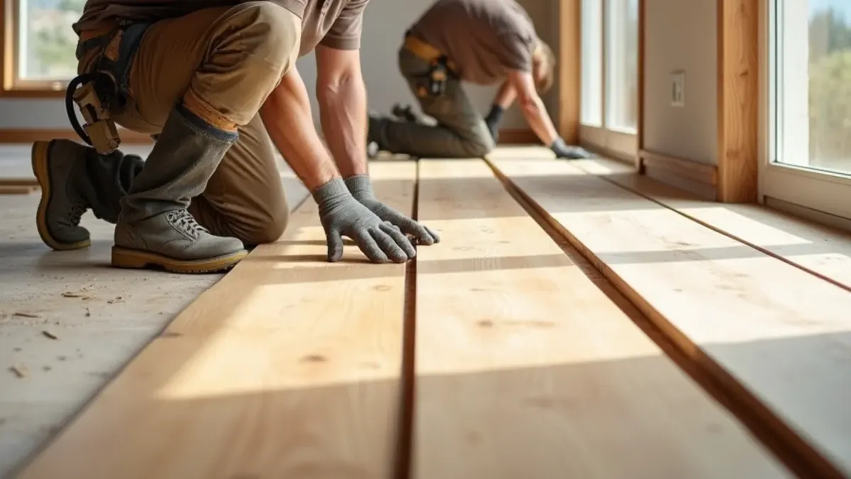 New oak boards being laced into an existing floor to match in Idaho