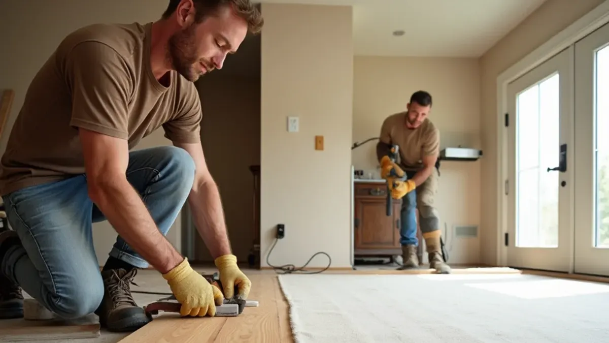Original oak strip floor revealed under lifted carpet in a 1950s Idaho Falls ranch home