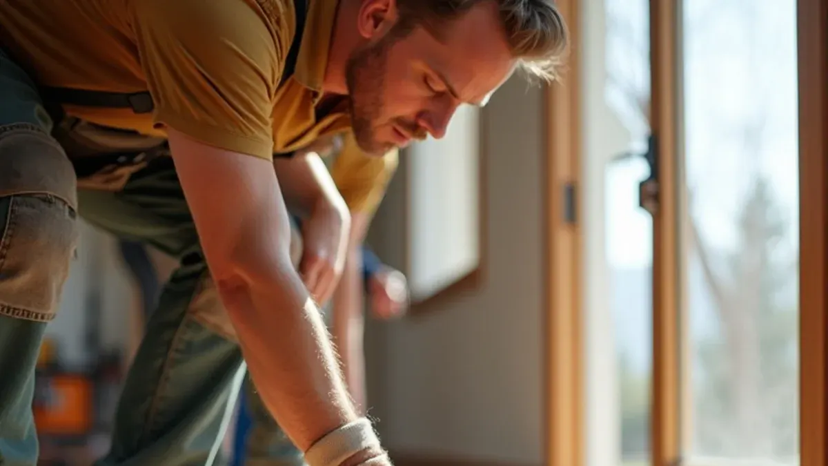 Homeowner wiping standing water off a hardwood floor in Idaho Falls