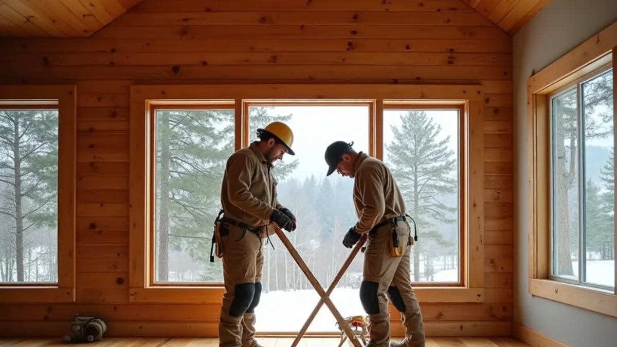 Rustic hickory flooring in an Island Park cabin with snow outside the windows