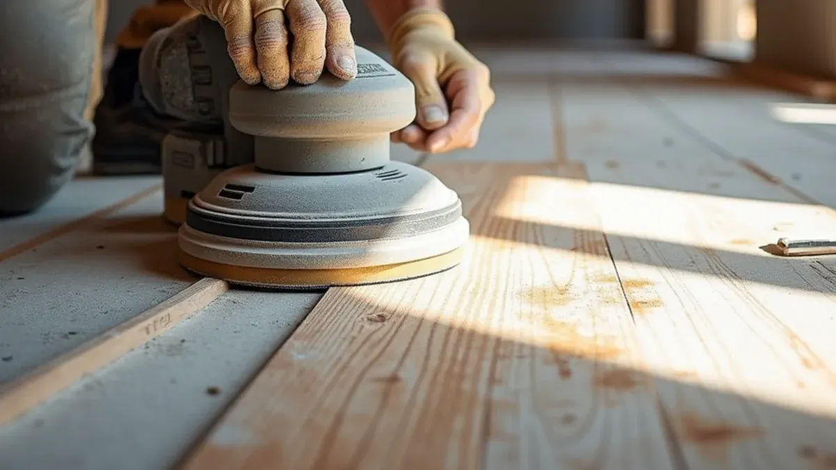Soot-darkened hardwood boards being sanded back during fire restoration in Idaho Falls