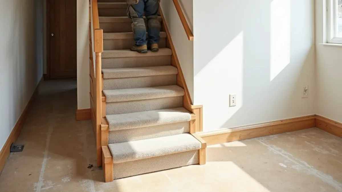 Carpeted half-flight being converted to hardwood treads in a Chubbuck, Idaho split-level