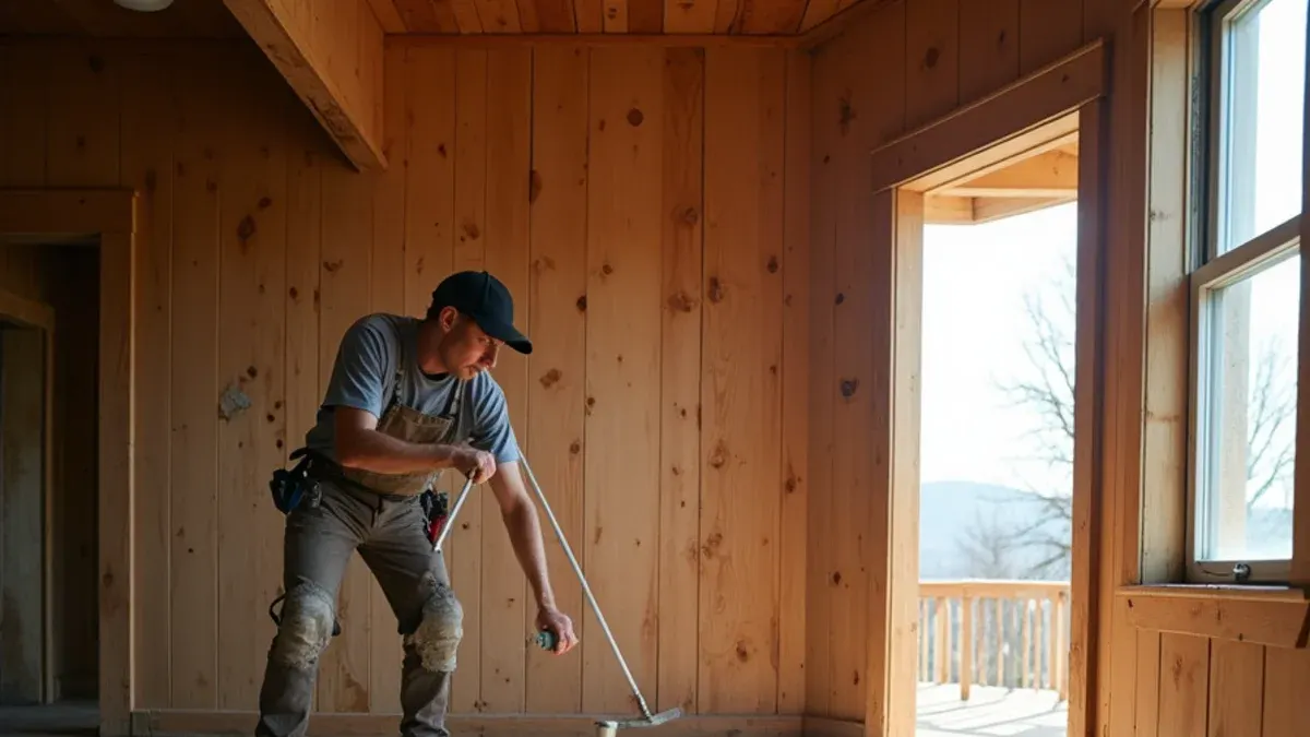 Old linoleum lifted to reveal fir floorboards in a Firth, Idaho farmhouse