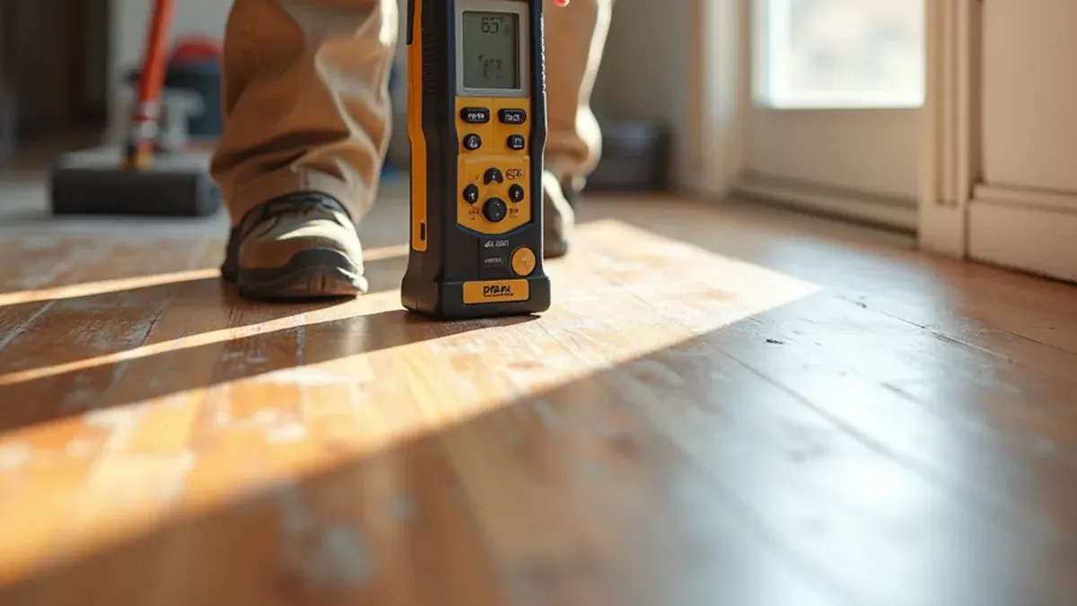 Moisture meter reading taken on a water-stained hardwood floor in Idaho Falls