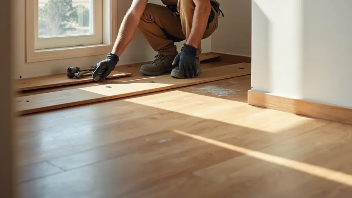 Installer laying solid oak flooring in an Idaho Falls living room